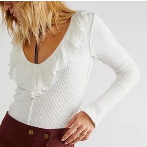 Free People Cream Ruffle V-Neck Long Sleeve Top